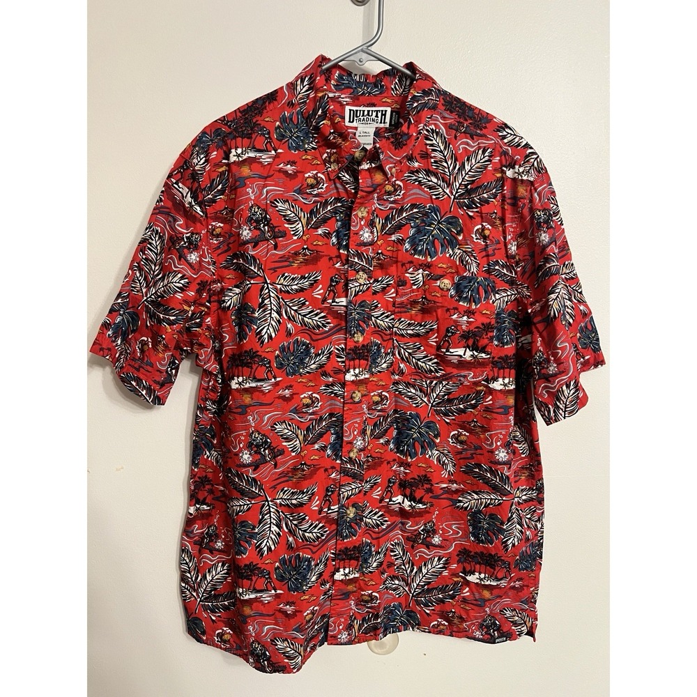 Duluth Trading Co Button Down Mens L Tall Relaxed Fit Scuba Tropical Print AOP